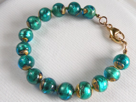 Bracelet Perles De Verre Murano Vertes Sur Feuille D'argent – Fermoir Bascule