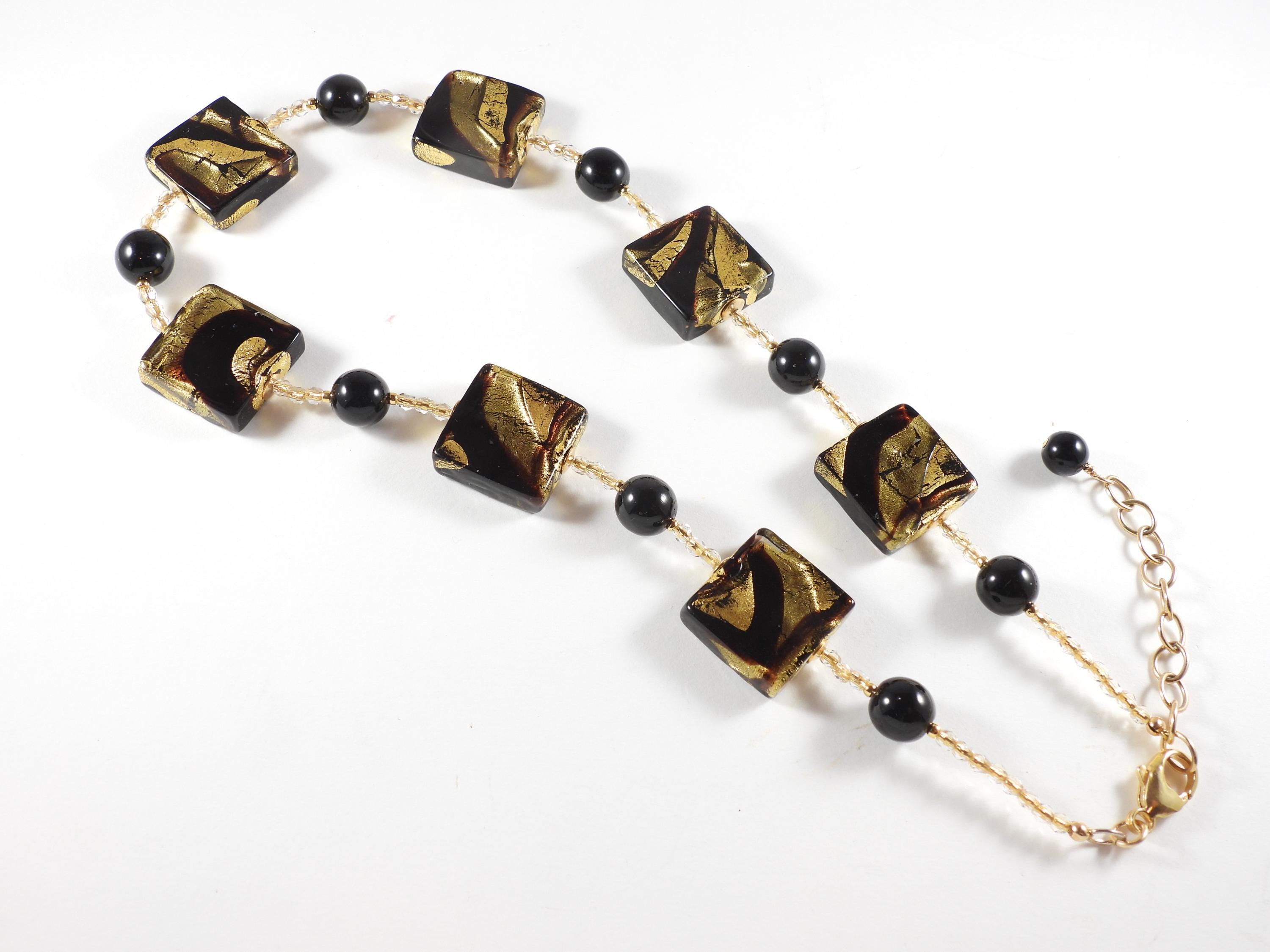 black_gold_murrine_necklace_er  NWT Genuine 24K Gold Foil Murano Glass & Czech Crystal Bead Necklace Gold Black main image 1