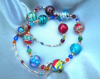 Murano Art Necklace, Assorted Round Venetian Glass Beads with Gold, Silver, White Gold Foil; Gold Clasp, 20 1/2 Inches