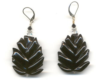 Vintage Murano Glass, Black, Large Leaf Shaped Venetian Bead Earrings, with Sterling Silver Leverbacks