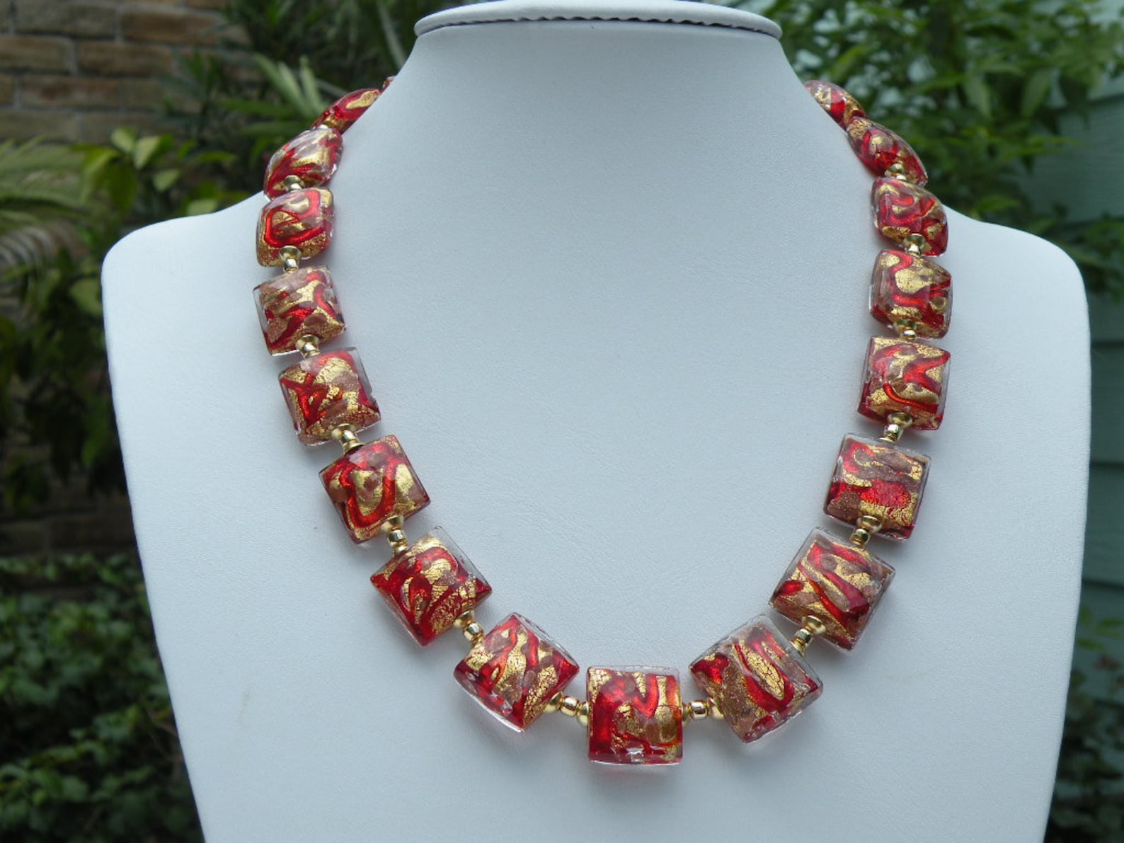 Red Murano Glass Bead Necklace 17mm Square Bombata Etsy