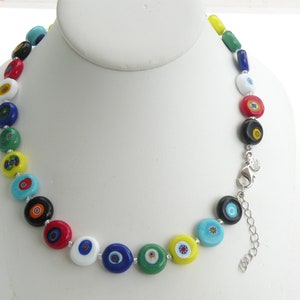 Multicolored Murano Glass, Small &quot;Candy&quot; Millefiori Discs, Venetian Bead Necklace, Adjustable Length 18 to 20 Inches