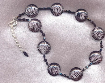 Art Nouveau Murano Glass Necklace, Black Feathered Lines, Sterling Silver