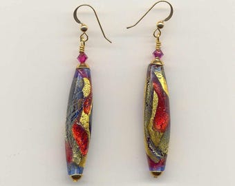 Venetian, Murano Glass, Long Ovals 40x10mm Bead Earrings, Rubino Oro, Periwinkle Blue, 24 Karat Gold Foil