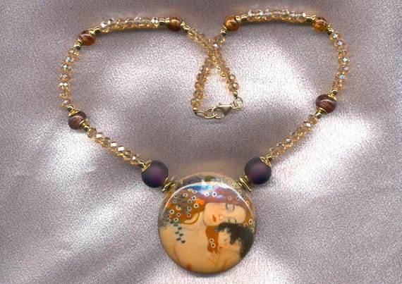 Venetian Murano Glass Pendant, Klimt's, "Mother and Child", Murano Glass, Blown Disc Pendant, with Handmade Venetian Glass Bead Necklace