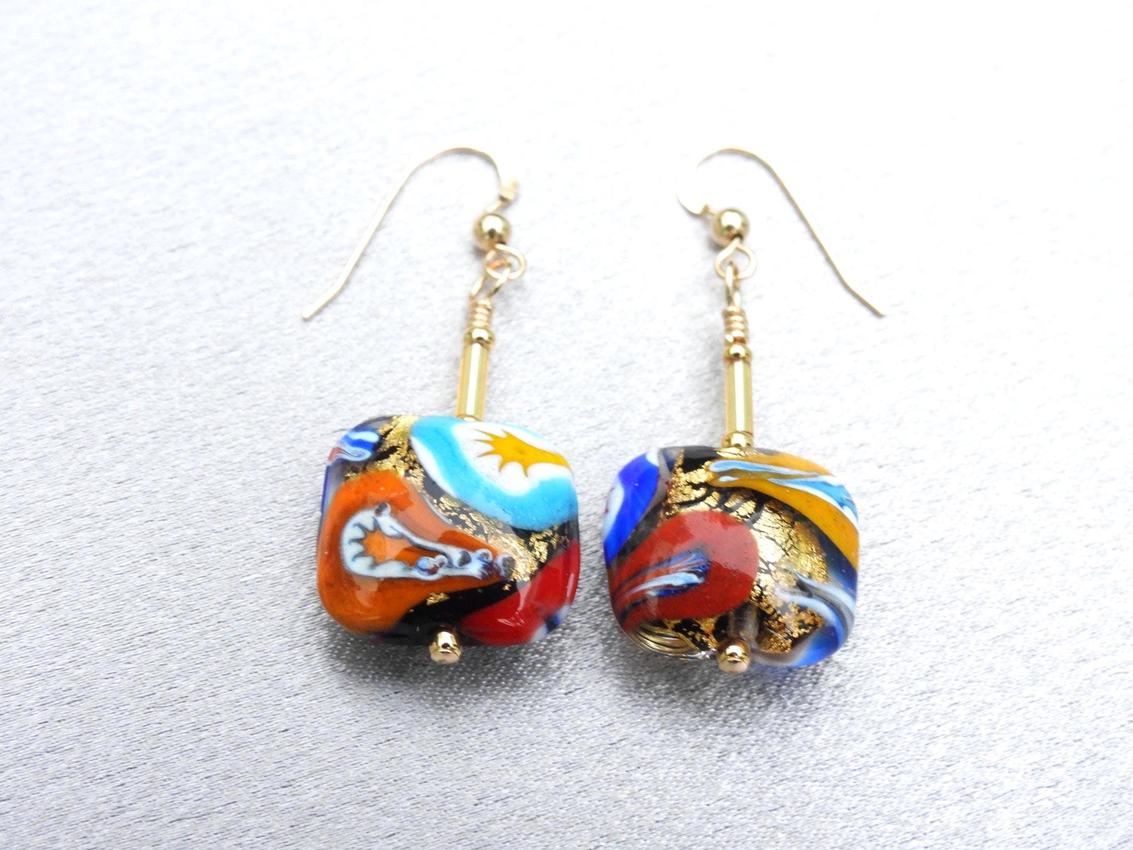 クリムト様式、ムラーノガラス、ミルフィオリイヤリング、16mmの