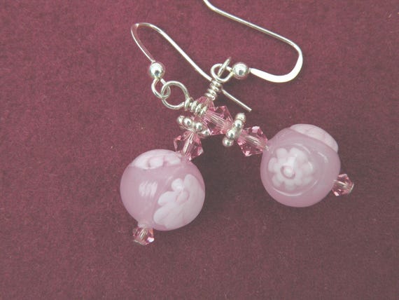 Vintage 10mm Pink Lace Mosaic Beads, Millefiori Murano Glass, Venetian Bead Earrings, Pink Swarovski Faceted Crystals, on Sterling Silver