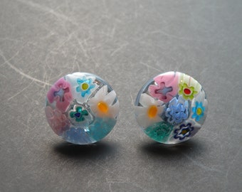 Pastel Lace Millefiori Murano Glass, 21mm Cabochon Button Earrings, Handmade, Multicolored Mosaic, Posts or Clips, Made in Murano, Italy