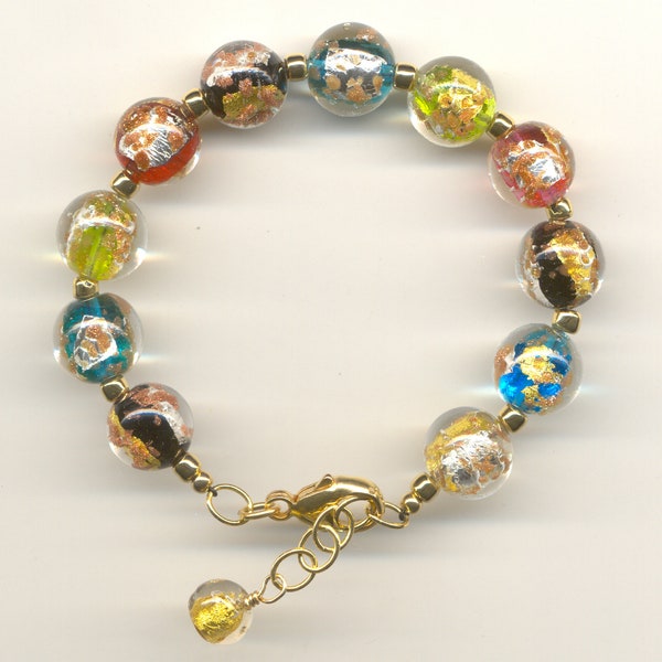 Murano Glass Luna Bracelet, 12mm Round Multicolor Venetian Beads with 24 Kt Gold Foil, Silver Foil, Aventurina, Gold Filled Chain & Clasp