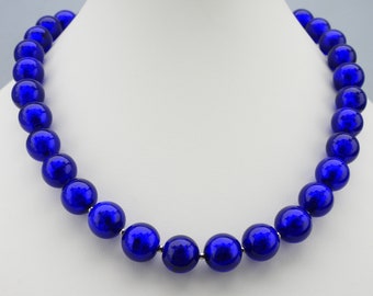 Cobalt Blue Murano Venetian Glass Bead Necklace, Silver Foil, 12mm Round, Handmade, Lampworked  Italian Beads