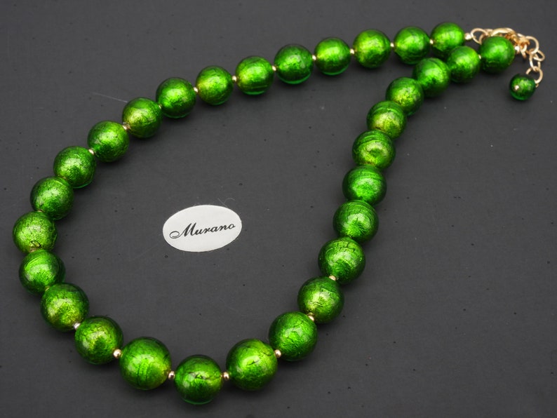 Green Murano Glass, Venetian Bead Necklace, 24 Karat Gold Foil, 12mm Round, Handmade, Lampworked, Emerald Green Italian Beads image 9