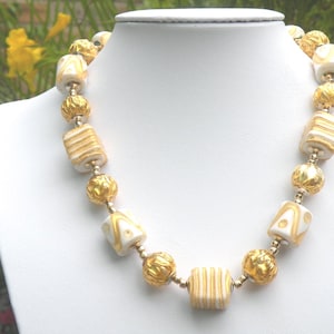Murano Glass &quot;King Tut&quot; White and 24 Karat Gold Foil Venetian Bead Necklace with Gold Foil &quot;Paint Drip&quot; Beads, Gold Filled Clasp and Chain