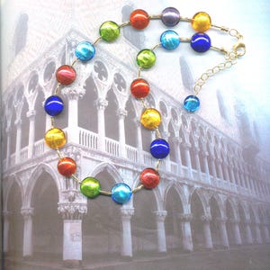 Collana di perle veneziane in vetro di Murano multicolore, con dischi di lenticchie piatte da 14 a 15 mm, lunghezza regolabile da 19 a 21 pollici, chiusura riempita d&#39;oro