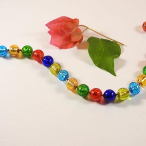 Multicolored 8mm Round Bracelet, Murano Glass, Venetian Beads, with Gold Foil, 7 1/2 Inches, Adjustable Length