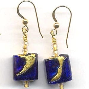 Cobalt Blue Murano Glass, &quot;Exposed Gold&quot; Earrings with Venetian Glass Beads, 14mm Flat Cubes with 24 Karat Gold Foil, Wirewrapped, Handmade