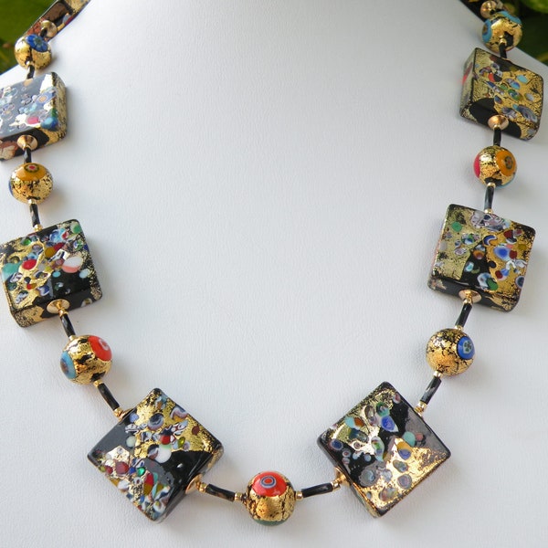 Klimt Style, Murano Glass, Venetian Bead Necklace, Handmade Italian 20mm Squares and 10mm Rounds, Gold Clasp & Link Chain
