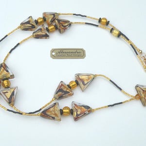 Venetian Murano Glass Necklace, Venetian Bead Triangles, 24 Karat Gold, Chocolate Black & Topaz Swirls, 8mm Round Beads, Inspired by Bulgari