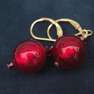 Red Murano Glass Earrings, 12mm Round Venetian Beads with 24 Karat Gold Foil Inside, Handmade, Lampworked Italian Beads, Wirewrapped