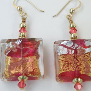 Rubino Pink Murano Glass, Luna 20mm Square Venetian Bead Earrings Handmade with 24 Karat Gold Foil, Silver Foil, Aventurina & Crystals image 2