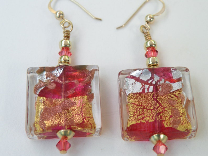 Rubino Pink Murano Glass, Luna 20mm Square Venetian Bead Earrings Handmade with 24 Karat Gold Foil, Silver Foil, Aventurina & Crystals image 2
