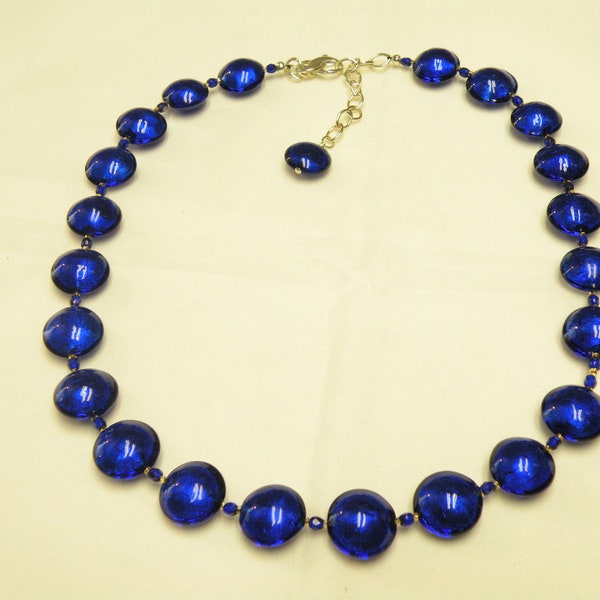 Cobalt Blue Murano Glass Necklace, Venetian Bead 15mm Lentils, Discs with Silver Foil; Sterling Silver Chain & Clasp