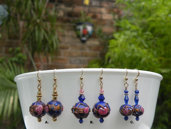 Vintage Italian Wedding Cake Beads, Blue Fiorato Venetian Beads, Murano Glass Earrings, 14mm or 10mm Round Handmade Venetian Beads
