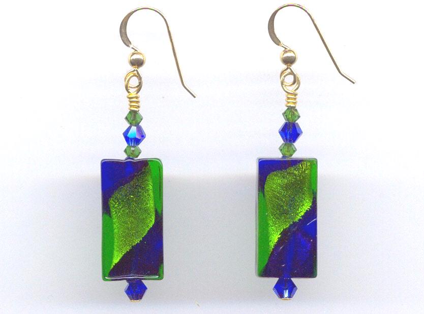 Murano Glass Earrings, Cobalt Blue and Emerald Green Venetian Glass Bead Rectangles with 24 Karat Gold Foil Inside; Handmade, Lampworked