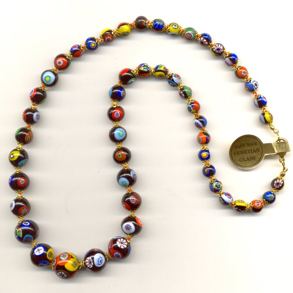 Graduated from 16mm to 8mm Round Millefiori Murano Glass Necklace, 25 Inches, Multicolored Mosaic Murrines, Handmade in Venice, Italy