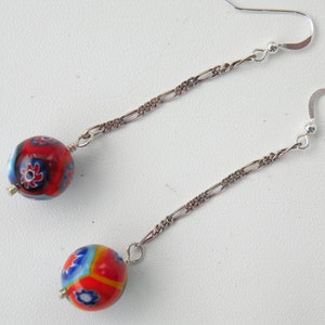 Millefiori Round 12mm Murano Glass, Venetian Bead Earrings, Long 2 Inch Dangles on Sterling Silver Chain