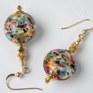 Klimt Style Murano Glass, 16mm Lentils, Disc Shaped Venetian Bead Earrings, 24 Kt Gold Foil, Millefiori, Gemmato, Swarovski Crystals