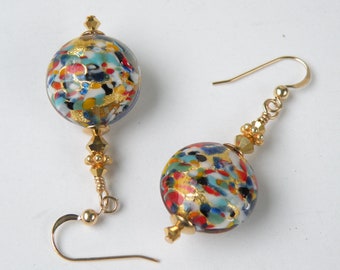 Klimt Style Murano Glass, 16mm Venetian Bead Lentils, Disc Shaped Earrings, 24 Kt Gold Foil, Millefiori, Gemmato, Swarovski Crystals