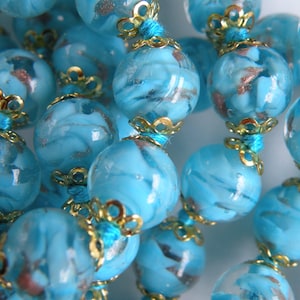 Aqua Blue Murano Glass, 8mm Aventurina Sommerso, Venetian Bead Necklace, Hand knotted, 17 Inches, Adjustable with Gold Link Chain