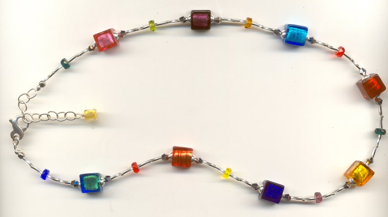 Murano Glass Multicolored Venetian Cube Shaped Beaded Necklace with Foil and Crystal Accents with Sterling Silver Clasp and Adjustable Chain