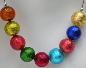 Murano Glass 14mm Round Multicolored Necklace, with Gold and Silver Foil Venetian Beads, 17 Inches, with Sterling Silver Clasp