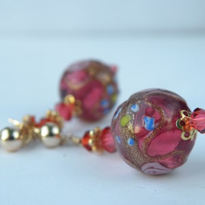 Vintage Italian Fiorato Wedding Cake Beads, 14mm Rubino Pink Murano Glass, Handmade Venetian Bead Earrings, Swarovski Crystals