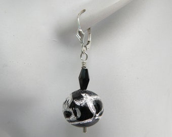 Black and Silver 14mm Round Murano Glass, Venetian Beads with Heavy Silver Foil Scroll Work, Italian Lampworked Beads on Sterling Silver