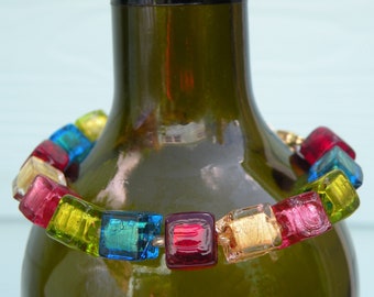 Bracelet cube en verre de Murano multicolore de 8 mm avec perles vénitiennes en feuille, feuille d'or 24 carats et feuille d'or blanc, longueur réglable, or ou argent