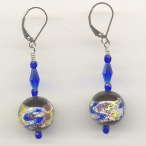 Earrings, Murano Glass 14mm Round Venetian Beads, Blue, Amethyst, Lime Green Swirls over Silver Foil, Black Base; Sterling Silver Leverbacks