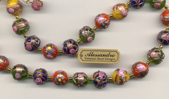 Murano Glass Bead KLIMT Pastel Millefiori Exterior Gold Foil Disc Bead 22mm