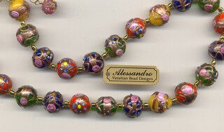 Venezia Classica Collana Aida In Vetro Di Murano – Perle Con Foglia Oro 24kt E Venature Nere, Girocollo 45cm, Made In Italy Certificato