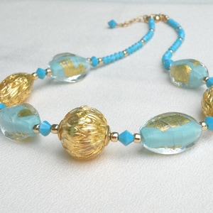 Gold and Turquoise Murano Glass Necklace, Venetian Beads, 24 Karat Gold Foil, Gold Paint Drip Beads