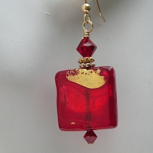 Red Murano Glass, 18mm Square Venetian Bead Earrings, &quot;Exposed Gold&quot; 24 Kt. Gold Foil, Swarovski Crystals, Handmade
