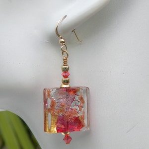 Rubino Pink Murano Glass, Luna 20mm Square Venetian Bead Earrings Handmade with 24 Karat Gold Foil, Silver Foil, Aventurina & Crystals image 3