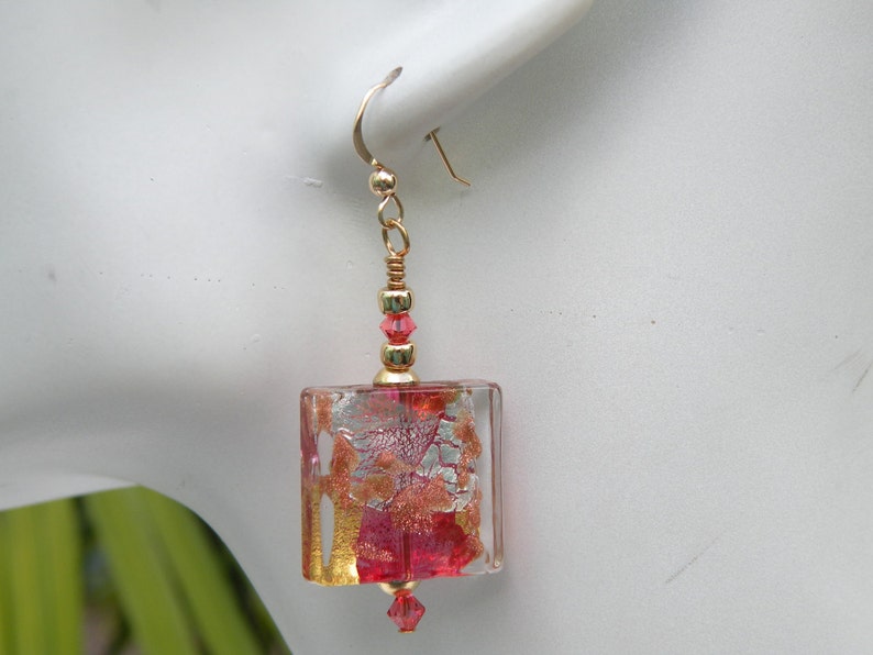 Rubino Pink Murano Glass, Luna 20mm Square Venetian Bead Earrings Handmade with 24 Karat Gold Foil, Silver Foil, Aventurina & Crystals image 3