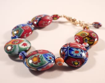 Millefiori Murano Glass, Venetian Beads, 21mm "Fine" Millefiori Discs, Handmade, Italian Lampworked Beaded Bracelet