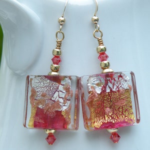 Rubino Pink Murano Glass, Luna 20mm Square Venetian Bead Earrings Handmade with 24 Karat Gold Foil, Silver Foil, Aventurina & Crystals image 1