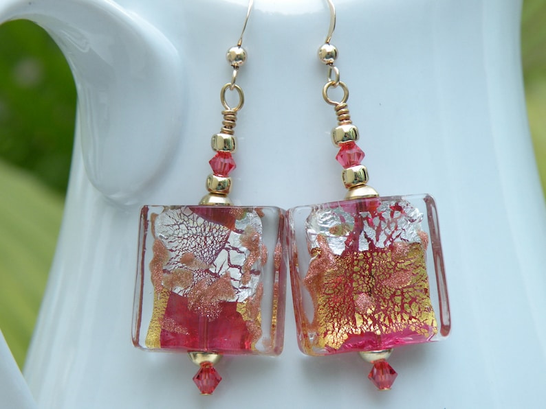 Rubino Pink Murano Glass, Luna 20mm Square Venetian Bead Earrings Handmade with 24 Karat Gold Foil, Silver Foil, Aventurina & Crystals image 1