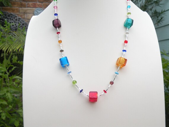 Multicolored Murano Glass Venetian Cube Bead Necklace Combination 2 in 1 Design Worn Together or Separately Silver Clasp Bugle Beads