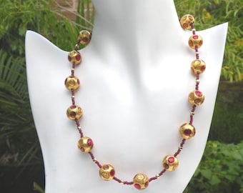 Murano Glass Necklace, Venetian Beads, 14mm Round, 24 Kt Gold Foil Italian Handmade, Lampworked Beads with Dots of Red, & Lt and Dk Topaz.