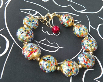 Klimt Style Bracelet, Murano Glass, 16mm  "Lentil" Disc Shaped Venetian Beads, with 24 Kt Gold Foil, Millefiori, Swarovski Crystals